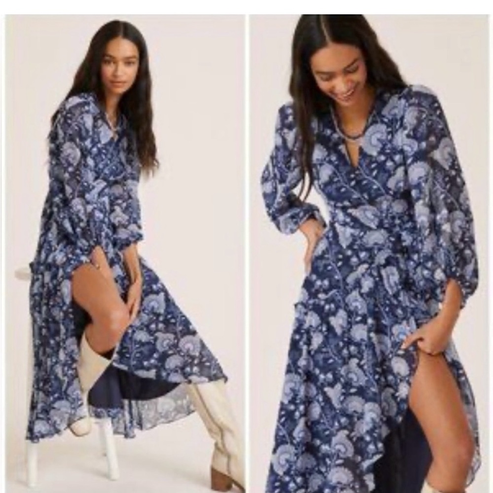 Anthropologie Hutch Women’s Blue Floral Paisley True Wrap Cocktail Maxi Dress M